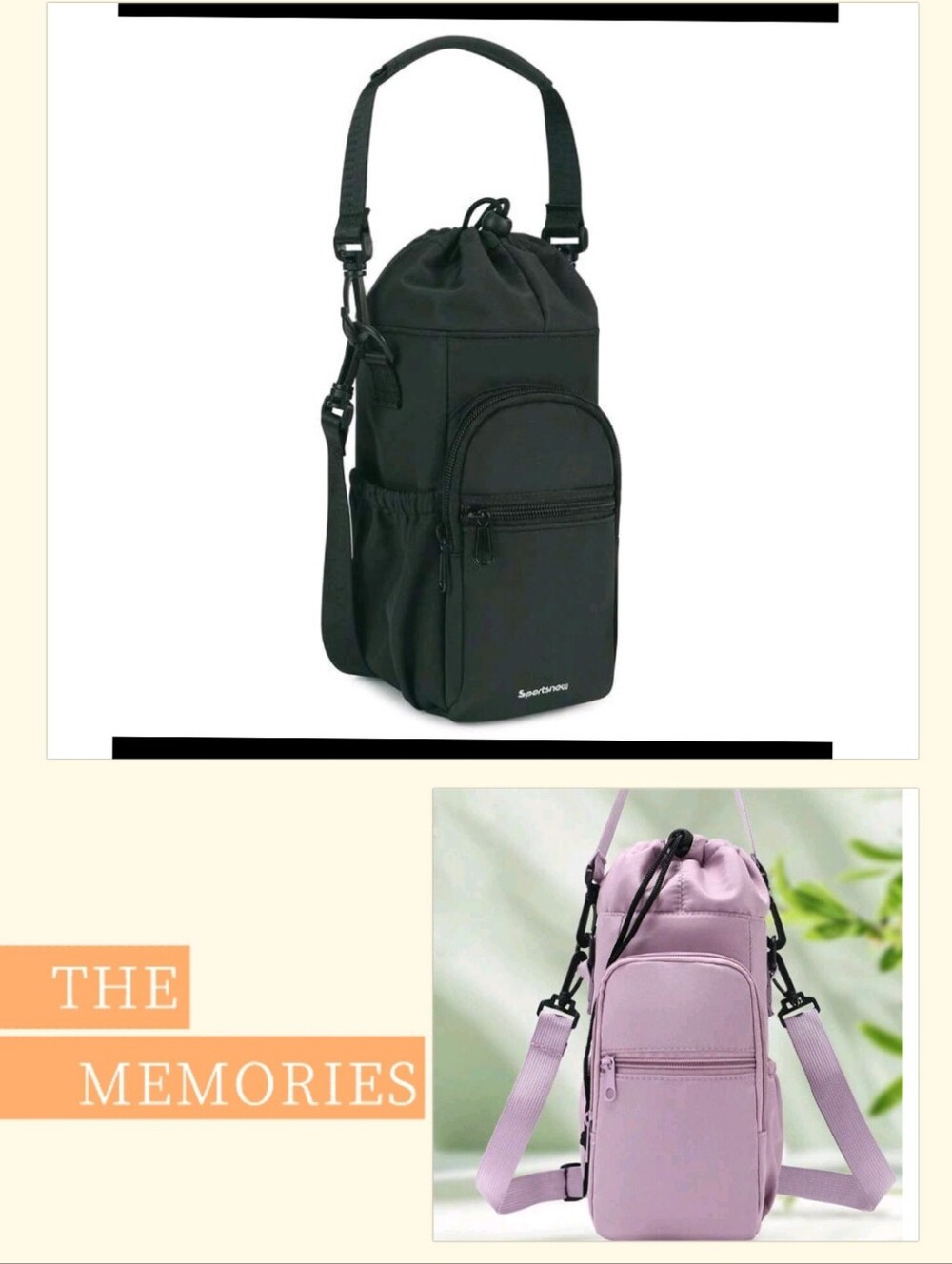 COMBO SET 2 WATER BOTTLE CROSSBODY BAG WITH ADJUSTABLE SHOULDER STRAP BLACK/PURP